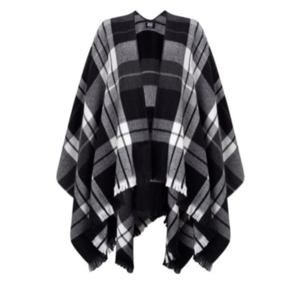 Vero Moda Black Gray White Plaid Wrap Poncho